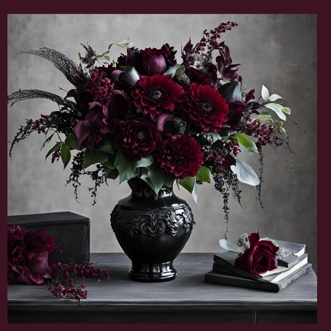 Boujee Burgundy Gothic Romance Bouquet Indulge in the opulence and mystery of the "Bougee Burgundy Gothic Romance Bouquet," a luxurious arrangement that embodies the essence of gothic elegance. Available in a stylish vase or wrapped in beautiful waterproof decorative wrapping, this bouquet is designed to captivate and enchant with its deep, rich hues and sophisticated presentation. Key Features: Gothic Elegance: Featuring a dramatic mix of burgundy, deep red, and a touch of dark purple blooms, t Black Wedding Flowers Centerpieces, Dark Wedding Flowers Jewel Tones, Gothic Halloween Centerpieces, Dark Red Decor, Romantic Goth Decor, Bouquet With Amaranthus, Dark Flower Arrangements, Gothic Centerpieces, Gothic Flower Arrangements