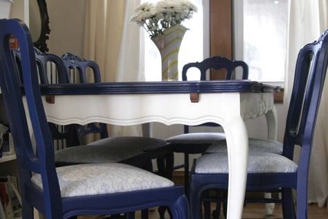 Blue Kitchen Tables, Grey Kitchen Table, Navy Blue Furniture, Blue Dining Tables, Kitchen Table And Chairs, Bright Table, Before And After Kitchen, Sofa Dining Table, White Dining Table