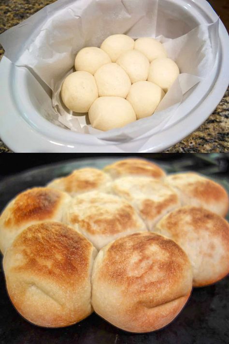 Slow Cooker Dinner Rolls - who knew you could use your slow cooker to bake rolls?!?! Great for the holidays when your oven is full. Thaw and bake frozen Rhodes bread rolls in the crockpot. Pop the rolls under the broiler until brown and serve. #slowcooker #crockpot #rolls Frozen Rolls Recipes, Frozen Bread Dough Recipes, Rhodes Rolls Recipes, Crockpot Cinnamon Rolls, Rhodes Dinner Rolls, Rhodes Bread, Crock Pot Bread, Croissant Roll, Frozen Dinner Rolls