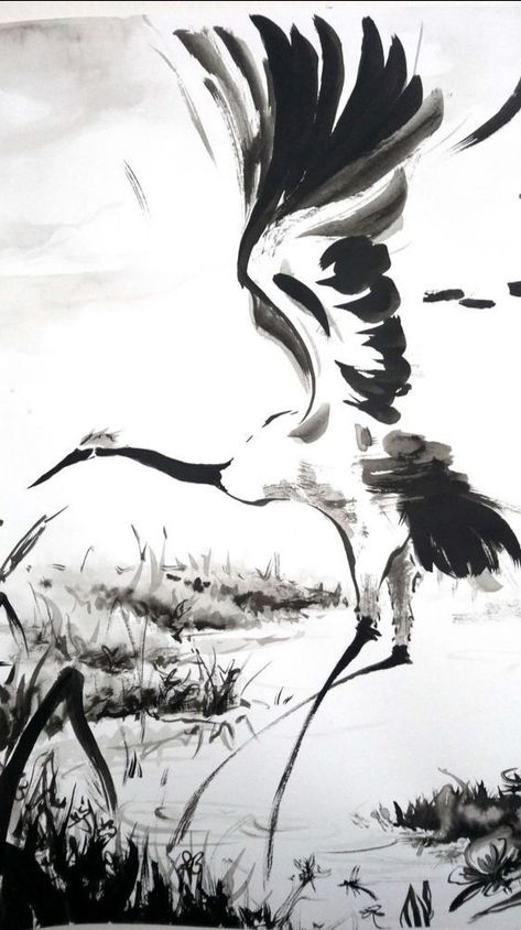 Asian Ink Art, Chinese Ink Art, Crane Drawing, Japan Watercolor, Japanese Ink Painting, China Ink, Sumi E Painting, Chinese Art Painting, Asian Painting