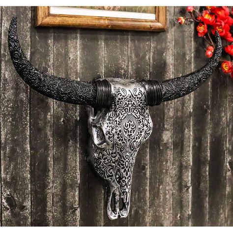 Bungalow Rose Silver And Black Tribal Floral Vines Tooled Steer Bison Bull Cow Skull Head With Horns Wa - Wayfair Canada Cow Skull Decor, Skull With Horns, Bison Skull, Skull Wall Decor, Bull Cow, Globe Decor, Deer Wall, Faux Taxidermy, Decorative Wall Plaques