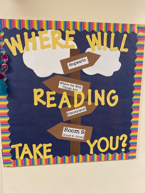 Where Will Reading Take You Display, Reading Can Take You Anywhere, Where Will Reading Take You, Reading Takes You Places Bulletin Board, Reading Adventure Bulletin Boards, Library Sayings, Classroom Bulletin Board Ideas, School Library Book Displays, Kindergarten Classroom Themes