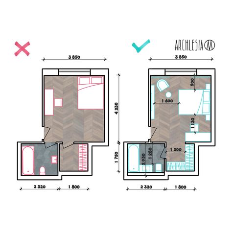 Follow @archlesia for more tips! My accounts: • instagram @archlesia or instagram.com/archlesia • telegram @archlesia or t.me/archlesia Bedroom Sizes Layout, Perspective Room, Small Bedroom Interior, Bedroom With Bathroom, Closet Planning, Bathroom Floor Plans, Bedroom Layout, Rental Apartment, Bedroom Size