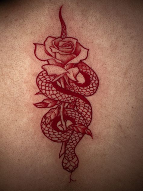 Snake Tattoos Red, Snake Tattoo Between Breast, Red Ink Snake Tattoo, Rose And Snake Tattoo, Tattoo Pierna Mujer, Red Snake Tattoo, Women Sternum Tattoo, Mia Tattoo, Tattoo Between Breast