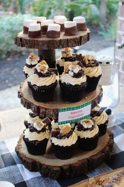 1st Birthday Lumberjack S'More Cupcakes | CatchMyParty.com First Birthday Camping Theme, Happy Camper Birthday Party, Camping Theme Birthday, Lumberjack Birthday Party, One Happy Camper, Lumber Jack, Lumberjack Baby Shower, Lumberjack Birthday, Camping Birthday Party