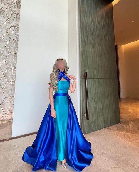 SF012 Arabic Royal Blue Contrast Turquoise Evening Dress with Overskirt Criss Cross Halter Women Wedding Party Dress Turquoise Color Combinations, Wedding Party Dress, Red Carpet Event, فستان سهرة, Turquoise Color, Wedding Party Dresses, Dress 100, Color Combination, Real Photos