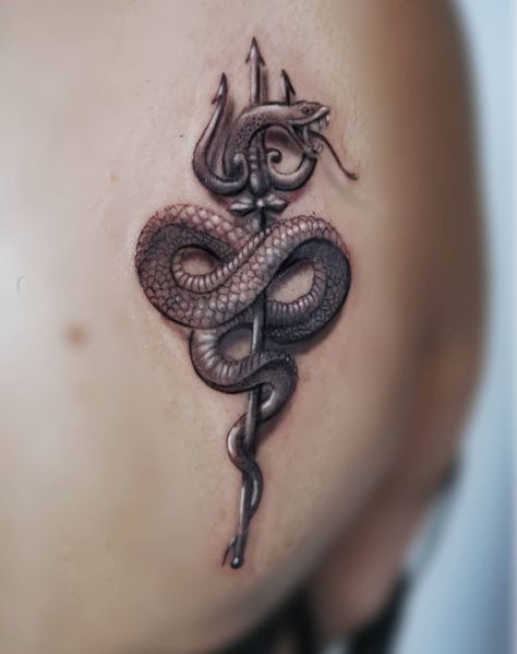 Rate This Snake and trident Tattoo 1 to 100 #tattoo #tattoos #smalltattoos #amazingtattoo #beautifultattoos #watercolorTattoo #InspirationalTattoos #ArtTattoo #NeonTattoo #CoolTattoos #TattooDrawings #BodyArtTattoo #Tattoo Sketches #FootTattoos #CelestialTattoo Snake Trident Tattoo, Trident And Snake Tattoo, Trishul With Snake Tattoo Designs, Shiva Snake Tattoo, Shiva Trident Tattoo, Hourglass Wallpaper, Greek Goddess Tattoo, Hades Tattoo, Trident Tattoo