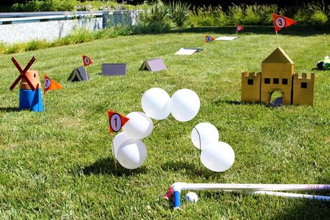 15 Awesome Outdoor Birthday Party Ideas For Kids Mini Golf Party, Outdoor Games To Play, Summer Outdoor Games, Homemade Carnival Games, Golf Diy, Fun Outdoor Games, Outdoors Birthday Party, Backyard Birthday, Miniature Golf Course