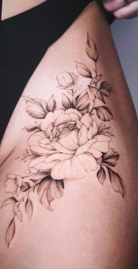 Small Tattoos Aesthetic, Thigh Tattoo Simple, Inner Thigh Tattoos, Pelvic Tattoos, Floral Hip Tattoo, Flower Hip Tattoos, Upper Thigh Tattoos, Tattoos Pretty, Mini Tats