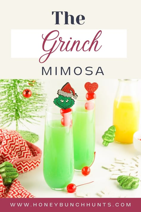 How To Make Grinch Mimosas, Mr Grinch Drink, Grinch Christmas Drink Holiday Cocktails, Grinch Champagne Drink, Grinch Alcholic Drink, Grinch Champagne, Green Mimosa Recipe, Christmas Cocktails Grinch, Christmas Mimosas Champagne