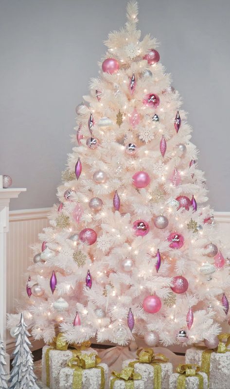 White Tree With Pink Ornaments, White Christmas Tree Decorations, Pink Ornament, White Christmas Trees, White Tree, White Christmas Tree, White Christmas, Tree Decorations, Christmas Ideas