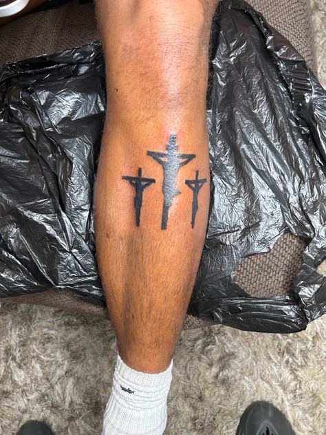 Cross Knee Tattoo, Biblical Tattoos Sleeve, 3 Crosses Tattoo Men, 1974 Tattoo, 3 Crosses Tattoo, Three Crosses Tattoo, Crosses Tattoo, Jesus Merch, Money Bag Tattoo