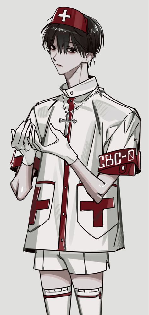 Japanese Nurse Outfit, Male Nurse Character Design, Nurse Outfit Drawing, Nurse Oc Art, Nurse Pose Reference, Male Nurse Uniform, Nurse Character Design, Medic Oc, Nurse Oc