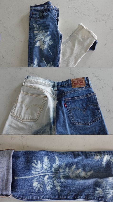 Bleach and a leaf stencil on old jeans Bleach Black Jeans Diy Ideas, Bleach Denim Diy, Recycling Old Jeans, Bleach Pattern Jeans, Bleach Paint Jeans, Custom Jeans Diy Paint, Bleach On Jeans, Jean Bleach Designs, Bleach Jeans Diy Denim