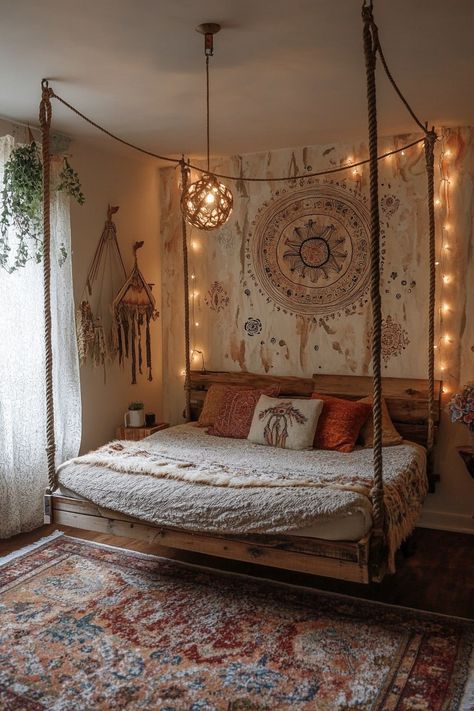 14 Hippie Bedrooms That Embrace Bohemian Charm! - My Decor Inspo Minimalist Hippie Bedroom, Bed On Floor Ideas, Beds On Floor Ideas, Hippie Bedrooms, Hippy Bedroom, Hippie Bedroom, Boho Bedroom Design, Hanging Beds, Indoor Hammock