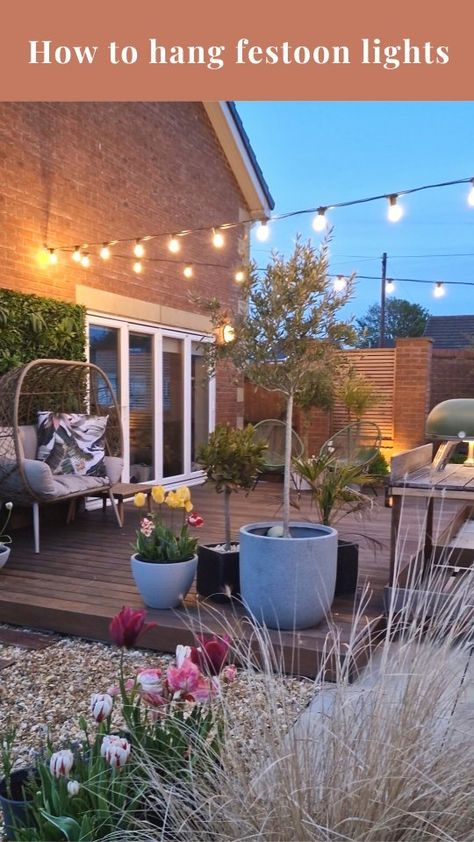 Kate Ward - Interiors | Modern Garden | DIY | Are you thinking of adding festoon lights to your outdoor space this summer? Here's how we hung ours! 💡 We wanted our festoon lights to… | Instagram Festoon Lights Garden, Festoon Lighting Garden, Decking Pergola, Festoon Lights, British Garden, Festoon Lighting, Outdoor Patio Decor, Interior Garden, Garden Diy