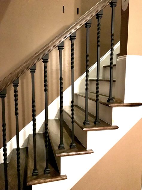 Farmhouse Iron Stair Railing, Rod Iron Banisters And Railings, Stairs With Wrought Iron Spindles, Cast Iron Stair Railing, Wrought Iron Balusters, Wrought Iron Stair Railing Farmhouse, Iron Balusters Stairs, Handrails For Stairs Indoor, Iron Banisters And Railings