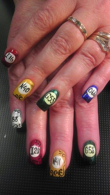 #bingo nails. $45. Hour and a half. With Yvonne. 810-687-7411. Clio. Mi. Bingo Nail Art, Casino Nails Designs 777, Bingo Nails, Gambling Nails, Glitzy Nails, Zodiac Nail Charms, Bingo Funny Memes, Nail Blue, Heart Nails