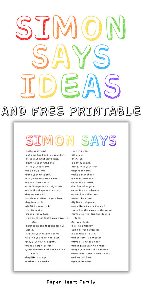 70 Fun Simon Says Ideas For Active Play Simon Says For Preschoolers, Simon Says Animals Game, Lets Play A Game Called Simon Says, Love Simon Poster, Children’s Sermon Ideas, Simon Says Game, Kids Church Games, Space Activities Preschool, Indoor Activities For Toddlers