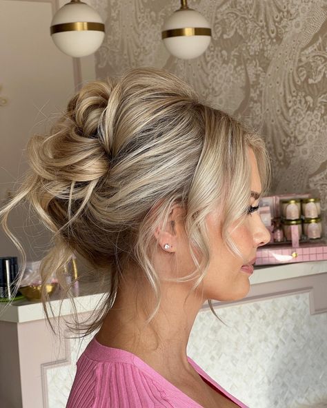 Bridal hair, bridal up do, messy bun, bridal bun, up dos, up dos for weddings, wedding hair, wedding hair inspo Bridal Updo With Tendrils, Celebrity Wedding Hair Updo, Bridal Updo Whimsical, Mohawk Wedding Hair, Bridal Shower Hair Updo, High Up Do Bridesmaid Hair, Fancy French Twist Updo, Bridesmaid Curly Updo, Rehearsal Dinner Updo