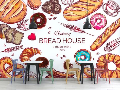 Excited to share the latest addition to my #etsy shop: Watercolor Bakery Cafe Wallpaper, Colorful Kitchen Wall Mural, Breakfast Buffet Poster https://etsy.me/3AgRDYy Kitchen Wall Mural, Places Wallpaper, Watercolor Bakery, Cafe Wallpaper, Interior Architecture Sketch, Work Places, Bakery Design Interior, Jungle Mural, Ink Water