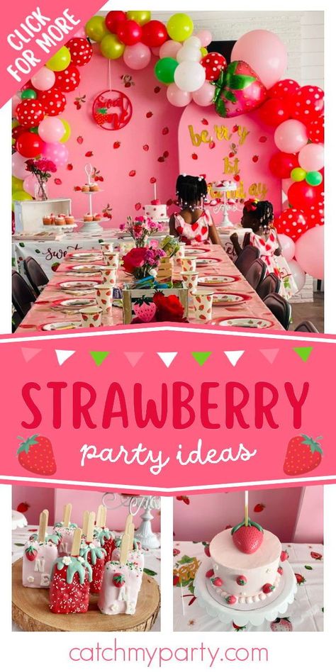 Don't miss this cute Strawberry-themed 1st birthday party! The party food is so sweet! See more party ideas and share yours at CatchMyParty.com Berry Sweet One First Birthday Food, Strawberry Birthday Ideas, Strawberry Themed Food, Berry First Birthday Food Ideas, Strawberry Shortcake Birthday Party Decorations, First Birthday Girl Ideas, Berry First Birthday Food, Strawberry Party Food, Strawberry Theme First Birthday