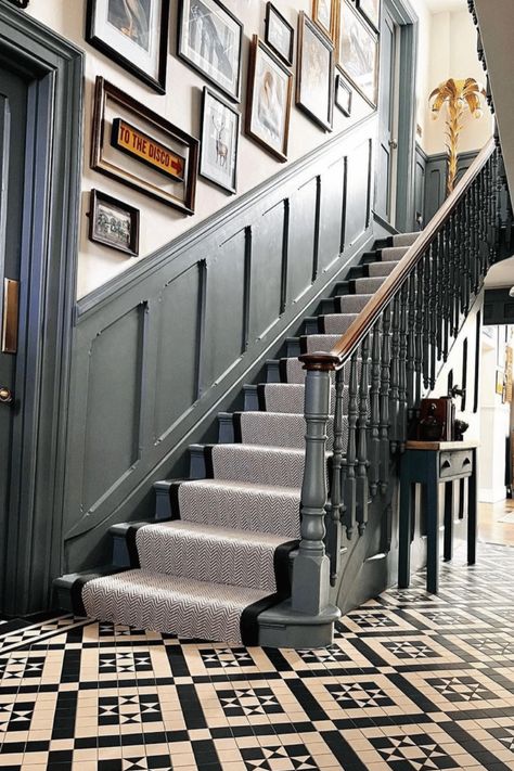 Stairs And Hallway Ideas, Victorian Staircase, Stair Paneling, Victorian House Interiors, Victorian Hallway, Hallway Colours, Tiled Hallway, House Staircase, Hallway Inspiration