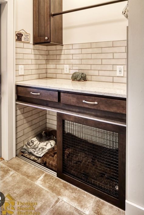 Built In Dog Crate In Laundry Room, Under Cabinet Dog Bed, Built In Pet Crate, Laundry Room With Dog Kennel Spaces, Built In Pet Kennel, Laundry Room Design With Dog Kennel, Laundry Mud Room Dog Kennel, Understairs Dog Kennel Ideas, Built In Dog Crate Mudroom