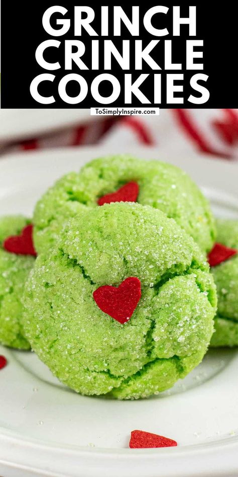 Grinch Crinkle Cookies, Grinch Sugar Cookies, Grinch Cookies, Crinkle Cookies Recipe, Heart Sprinkles, Easy Holiday Recipes, Candy Sprinkles, Mint Cookies, Themed Desserts