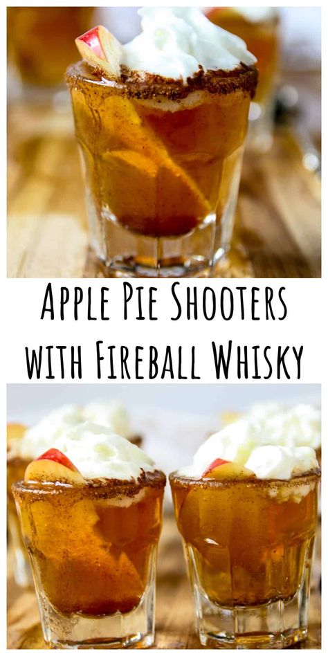 Apple Pie Shots With Vodka, Fall Shooters Alcohol, Candy Apple Drink, Fall Shot Recipes, Fun Shots Alcohol Easy, Apple Pie Shooters, Apple Cider And Fireball, Christmas Shooters, Fireball Recipe