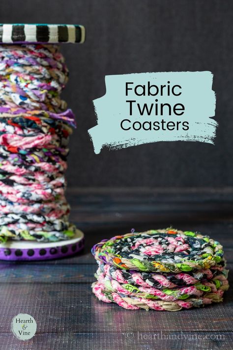 These fun and colorful DIY fabric coasters are quick and easy to make with fabric twine and glue. A great way to recycle using scrap fabric. Scrap Fabric Aesthetic, Fabric Salvage Projects Ideas, Fabric Yarn Projects, Leftover Fabric Ideas, Fabric Scrapes, Diy Fabric Coasters, Leftover Fabric Crafts, Colorful Coasters, Cloth Projects