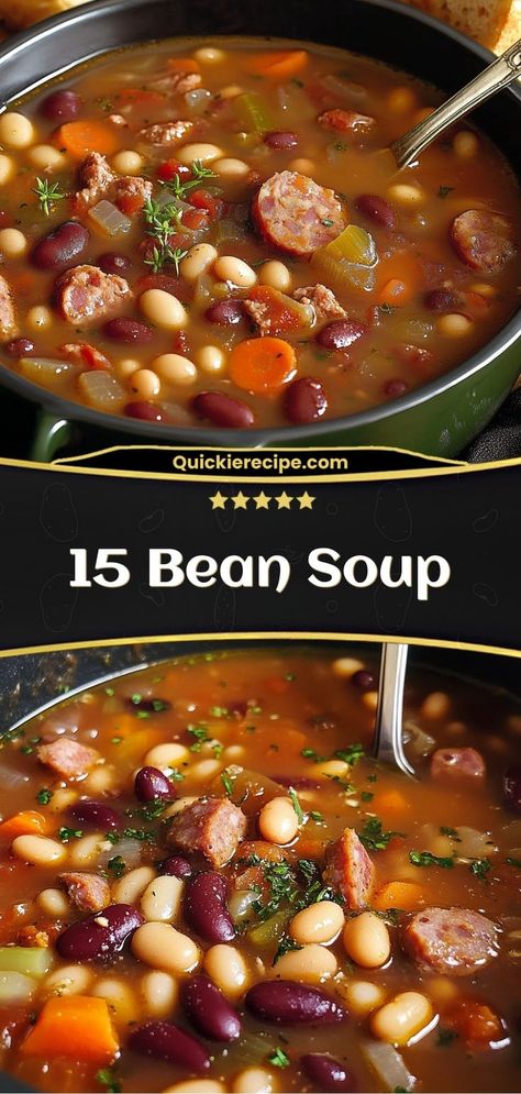 Here’s a hearty and nutritious recipe for 15 Bean Soup—perfect for a comforting, flavor-packed meal. This soup is loaded with a mix of beans, veggies, and seasonings, and it can be made with or without meat. Hearty Chicken Soup, 15 Bean Soup, Bean Soup, Vegetable Soup, Chicken Soup, Nutritious Meals, Quick Meals, Chowder, Soup Recipes