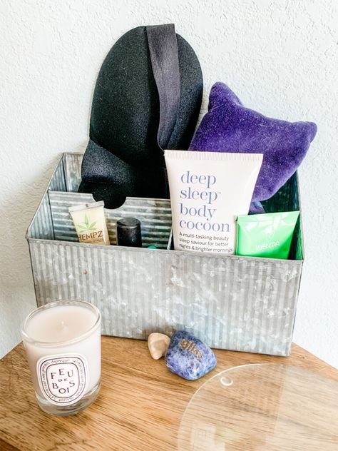 One of my favorite (and easy) little projects is this bedside self care station I've set up, and I'm loving it so much I wanted to share it with you. Self Care Station, Small Nightstand, Care Box, Magical Life, Amazing Friends, Moving And Storage, Wellness Inspiration, Daily Plan, Eye Pillows