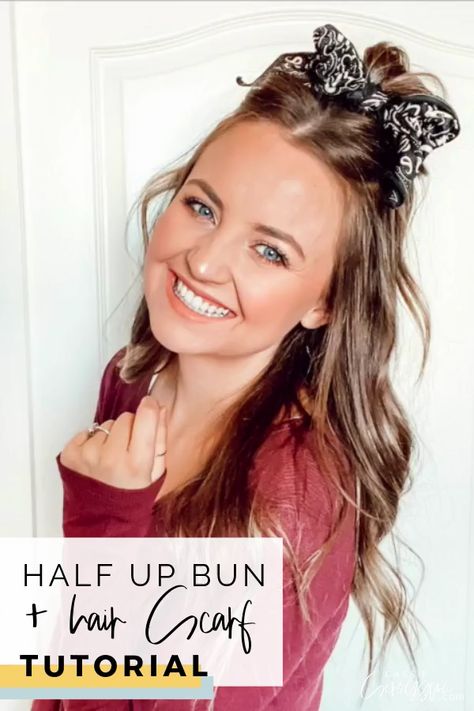 Half up half down hair scarf tutorial! How to do a half up messy bun with a hair scarf or scrunchie! Hair tutorial | easy half up half down | casual | bun | top knot | curled hair | quick | hairstyles | brunette | bronde | how to | #halfuphalfdown #hairtutorial  #hairstyle #cassiescroggins #video Hair Scarf Bun, Half Up Half Down Casual, Half Up Messy Bun, Up Messy Bun, Hairstyles Scarf, Scarf Bun, Hair Scarf Tutorial, Casual Bun, Bun Easy