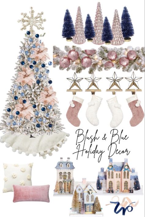 Blush And Blue Christmas Tree, Pink And Blue Christmas Decorations Decorating Ideas, Pink And Blue Tree Christmas, Pink And Navy Christmas Decor, Christmas Tree Blue And Pink, Navy And Blush Christmas Tree, Pink And Blue Christmas Aesthetic, Navy Blue And Pink Christmas Tree, Pink And Blue Christmas Decorations