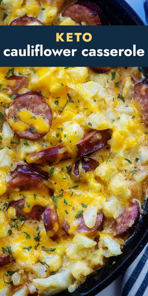 Cauliflower Sausage Recipes, Keto Kielbasa Cauliflower Soup, Keto Hotdish Recipes, Keto Kielbasa Soup With Cauliflower, Baked Cauliflower Mac And Cheese, Keto Cauliflower Casserole, Creamy Casserole, Monday Meals, Keto Veggies