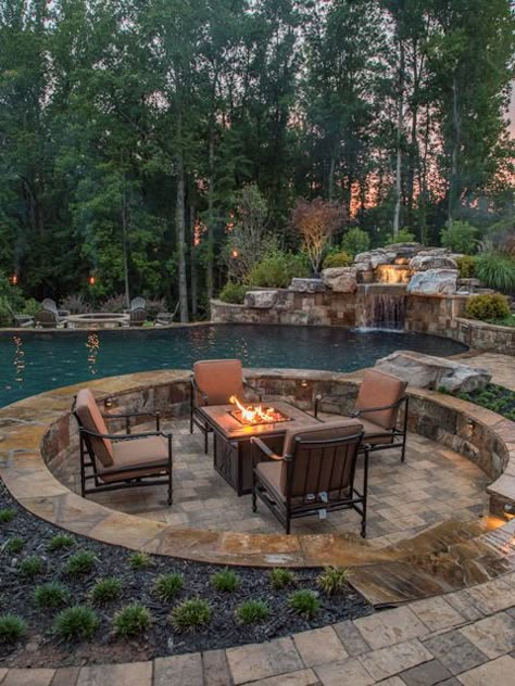 Backyard Night, Dream Backyard Pool, Pools Backyard Inground, Outdoor Fireplace Designs, Custom Swimming Pool, Pool Landscape, Backyard Fireplace, Backyard Pool Landscaping, Dream Pools