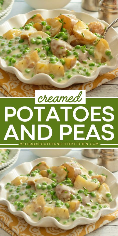 These tender Creamed Potatoes and Peas are a vintage side dish that pairs well with a variety of main courses, adding comfort and flavor to any meal. Cream Potatoes And Peas Recipe, Creamed Peas And New Potatoes, Peas Potatoes Recipe, Cream Peas And Potatoes Recipes, Cream Potatoes And Peas, Cream Peas And Potatoes, Potato And Peas Recipes, Garden Peas Recipes, Peas And Potatoes In Cream Sauce