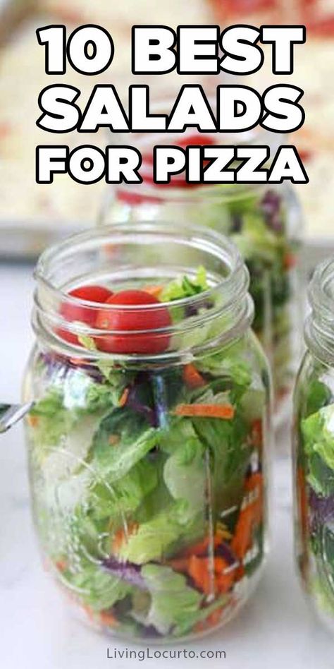 10 Best Salad Recipes to pair with pizza! Good ideas for dinner or a party. #pizza #saladrecipes #salad Salad Recipes With Pizza, Salads For Pizza Party, Salad Pizza Recipes, Best Salad To Serve With Pizza, Salad To Serve With Pizza, Salad That Goes With Pizza, Salads With Pizza, Best Salad With Pizza, Salads That Go With Pizza