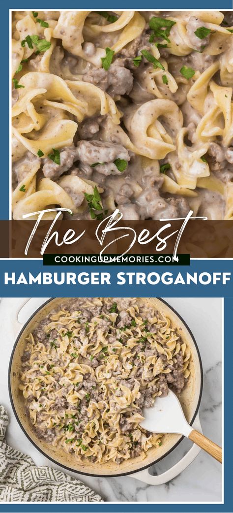 This Ground Beef Stroganoff is budge-friendly, family-friendly and is the definition of comfort food. Ready in just 30 minutes. Homemade Stroganoff, Beef Stroganoff With Ground Beef, Hamburger Helper Beef Stroganoff, Hamburger Stroganoff Recipe, Hamburger Stroganoff, Gf Meals, Beef Stroganoff Easy, Ground Beef Stroganoff, Homemade Comfort Food