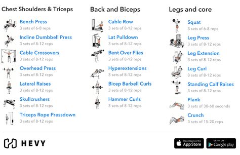 3 Day Split Workout - Complete Guide (2020) - Hevy #1 Workout Tracker 3 Day Split Workout, Best Workout Split, 3 Day Workout, Split Workout Routine, Weekly Gym Workouts, Lower Workout, Chest And Tricep Workout, Push Pull Legs, Workout Splits