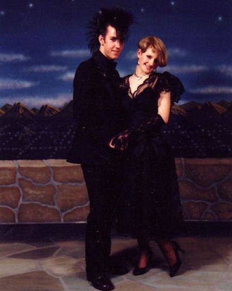 1980s Prom Dress Punk, 80s Goth Prom, Trad Goth Wedding, 80s Goth Prom Dress, 80s Couple, 1980's Hairstyles, Emo Prom, Punk Prom, Goth Inspiration