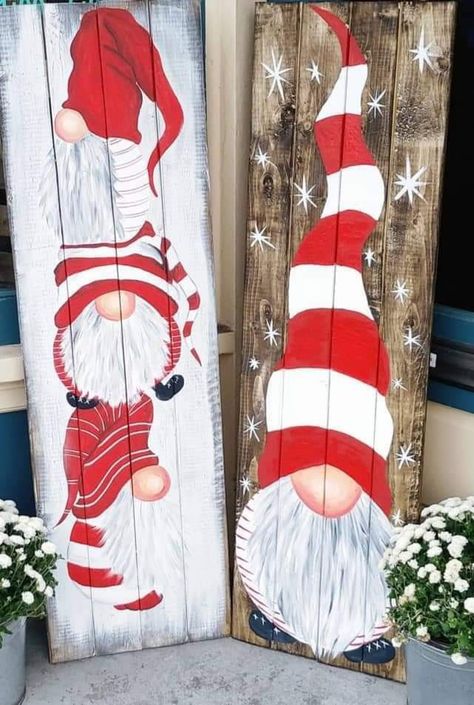 Christmas Decor Ideas Nomes, Scrap Wood Gnomes Diy, Christmas Nomes Decor Diy, Gnome Seasonal Sign, Painted Gnomes On Wood Diy, Painting Porch Leaners, Christmas Gnome Porch Sign, Christmas Nomes Paintings, Nomes Christmas Decor