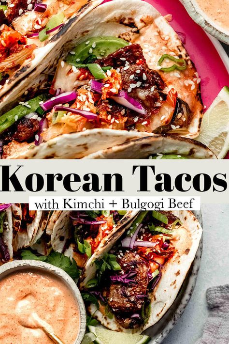 Korean Mexican Fusion, Asian Tacos, Korean Beef Tacos, Creamy Chili, Korean Tacos, Mexican Meals, Sunday Dinners, Kimchi Recipe, Bulgogi Beef