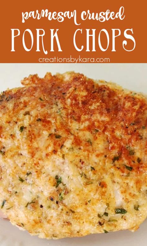 Baked Parmesan Pork Chops are crunchy on the outside, juicy on the inside, and packed with flavor! #porkchops @Creations by Kara Parmasean Pork Chop Recipes, Baked Parmesan Pork Chops Oven, Panko Parmesan Pork Chops, Baked Boneless Pork Chop Recipes Parmesan Crusted, Baked Boneless Pork Chop Recipes Easy, What To Make With Boneless Pork Chops, Pork Chop Alfredo, Parmasean Crusted Pork Chop, Oven Baked Parmesan Crusted Pork Chops