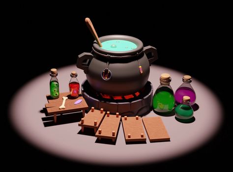 a witch's cauldron with full flasks of potion Halloween Witch Cauldron, Witch's Cauldron, Witchs Cauldron, Witches Cauldron, Blender 3d, Halloween Witch, Flask, Witch