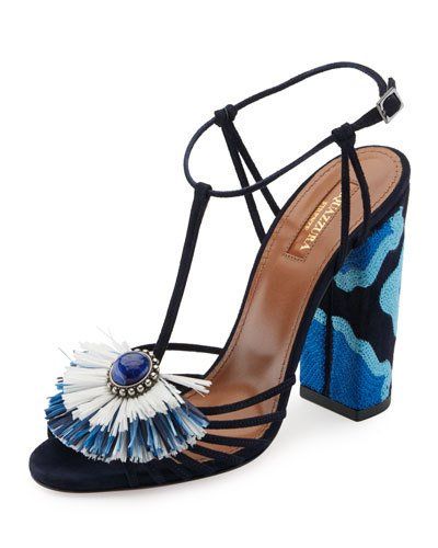 Aquazzura Sandals, Aquazzura Shoes, Giovanna Battaglia, Tie Sandals, Jeweled Sandals, Block Heel Sandals, Suede Block Heels, T Strap Sandals, Strap Shoes