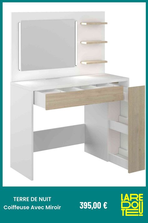 - Structure : Panneaux De Particules- Coloris : Chêne Et Blanc- 1 Tiroir Central Avec 6 Compartiments Pour Que Votre Enfant Puisse Y Ranger Tous Ses Accessoires De Beautés (maquillage, Vernis, Bijoux, Lisseur...)- 1 Tiroir Latéral Avec 3 Étagères (dimensions 47 X 74 Cm)- 3 Peites Tablettes (dimensions 10 X 20 Cm)- 1 Miroir (dimensions 47 X 60 Cm) Avec Lumières Incluses- Vous Offre Une Multitude De Surfaces De Rangement Pour Faciliter Votre Quotidien- S'adapte Facilement À Tous Les Univers De Ch… Dream Bedroom, Dressing Table, New Room, Dream Room, Room Inspo, Ironing Center, Bedroom Interior, Room Inspiration, Office Desk