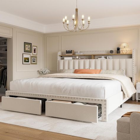 Bed Frame with Storage/ Home Decor Upholstered King Bed Frame, Beige Bed Frame, Upholstered Queen Bed Frame, Letto King Size, Queen Size Bed Frame, Velvet Bed Frame, Cama Queen Size, Headboard Queen, Bed Frame With Drawers