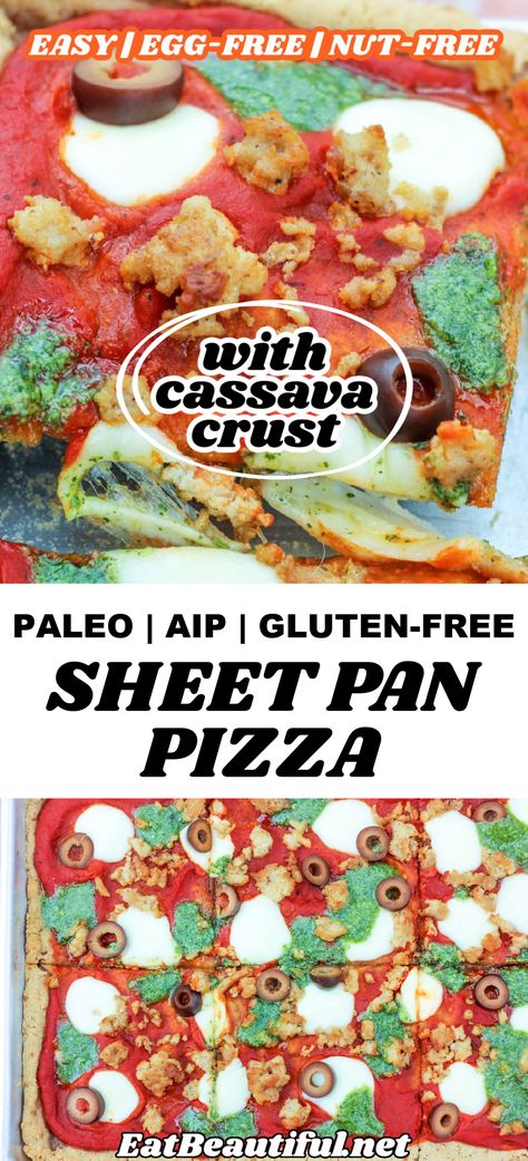 Paleo & AIP Sheet Pan Pizza is a fun and delicious dinner with an easy one-pan crust and lovely classic toppings — but without the dairy. This recipe is naturally gluten and grain-free. | Eat Beautiful | paleo pizza recipe | aip pizza recipe | cassava flour pizza crust recipe | cassava pizza crust | aip pizza crust | pizza dough | aip | paleo | gluten free | sheet pan | sheet pan | one pan | 1 pan | cassava || #aip #paleo #pizza #dough #crust #glutenfree #cassava #sheetpan #dinner #onepan #1pan Aip Pizza Dough, Aip Pizza Crust, Aip Sheet Pan, Gluten Free Nut Free Recipes, Paleo Pizza Dough, Aip Pizza, Paleo Pizza Recipes, Aip Bread, Sheet Pan Pizza